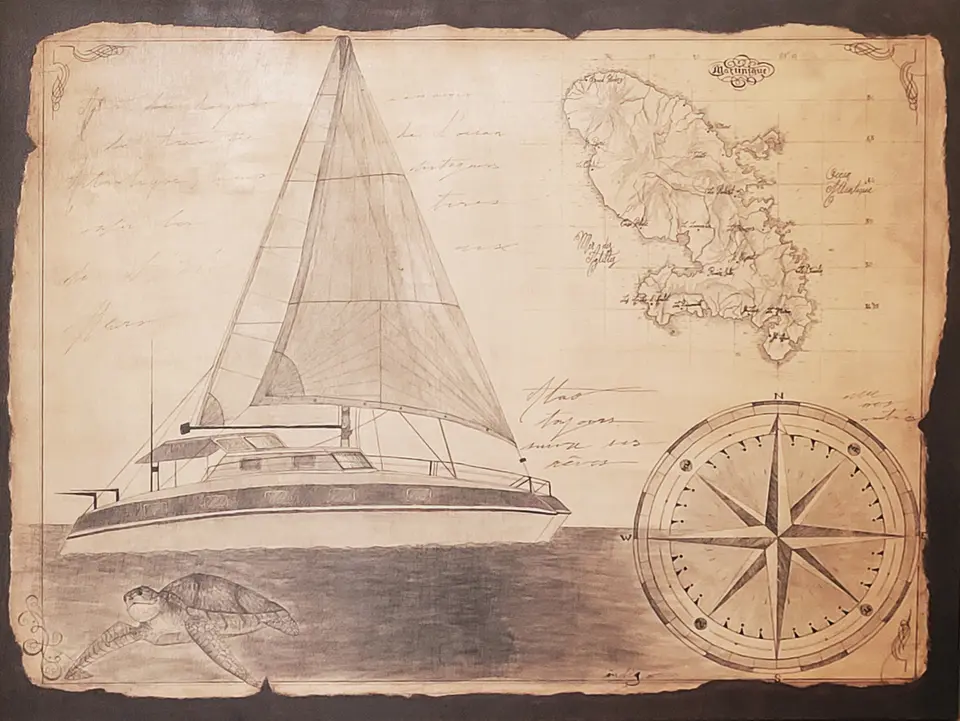 Carte au trésor peinte sur bois pour le club ATAO Plongée : catamaran, Martinique et rose des vents