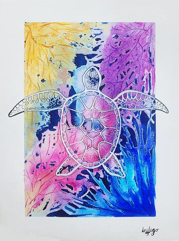 Aquarelle d’une tortue marine sur fond rose et bleu