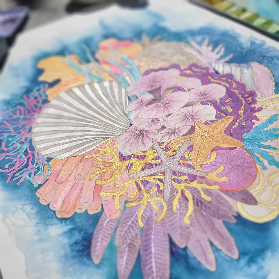 Les aventures d’un coquillage, aquarelle, aquarelle irisée et encre noire de Stéphanie Callari