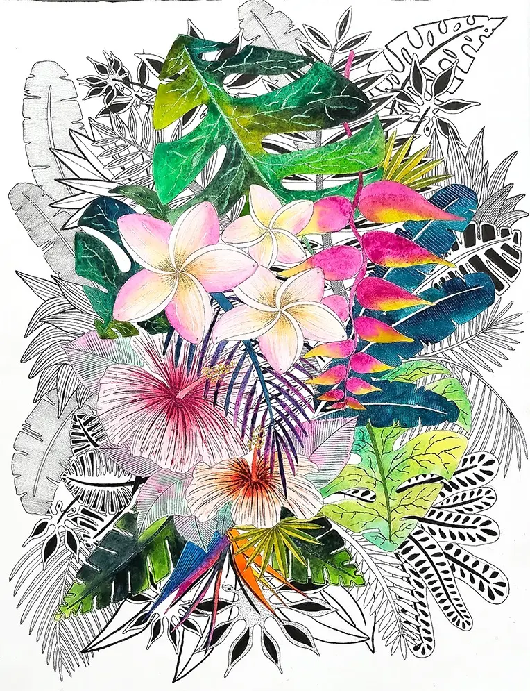 L’hibiscus qui rêvait d’ombre, aquarelle, aquarelle irisée et encre noire de Stéphanie Callari