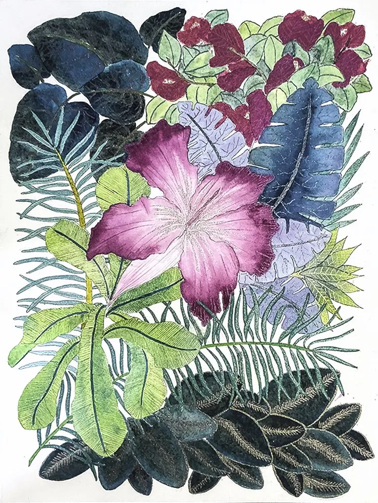Hibiscus et bougainvillier, aquarelle irisée et encre noire de Stéphanie Callari