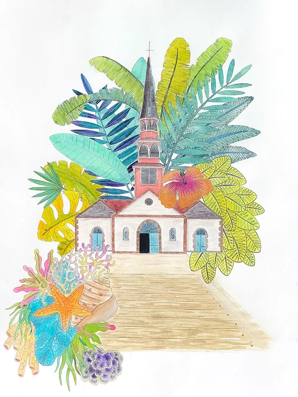 L’église entre ciel et mer, aquarelle, aquarelle irisée et encre noire de Stéphanie Callari