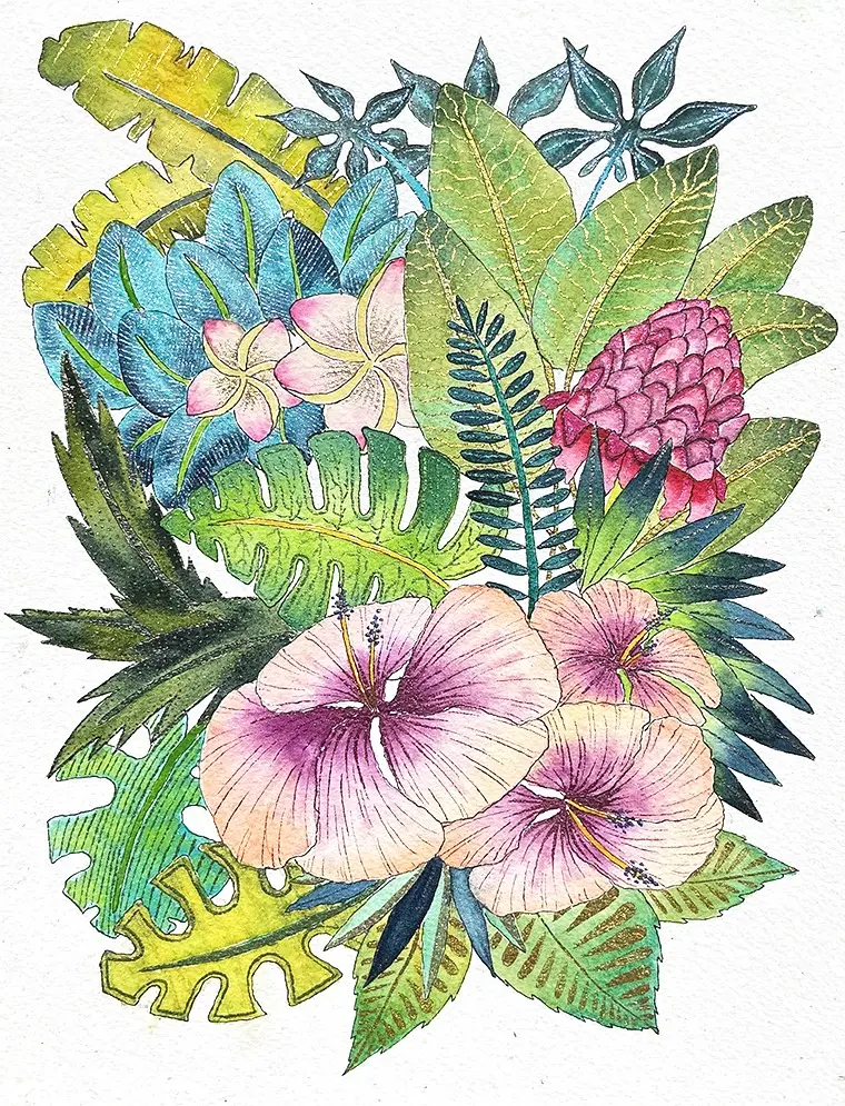 Rose de porcelaine, aquarelle irisée et encre noire de Stéphanie Callari