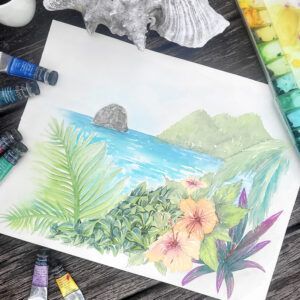 aquarelle représentant une vue du rocher du Diamant et du Morne Larcher entourés de fleurs tropicales